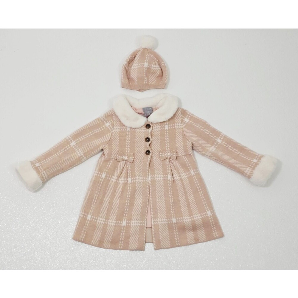 Tahari Plaid Coat Set Girls Size 4T Pink Faux Fur Jacket Hat Winter Cute